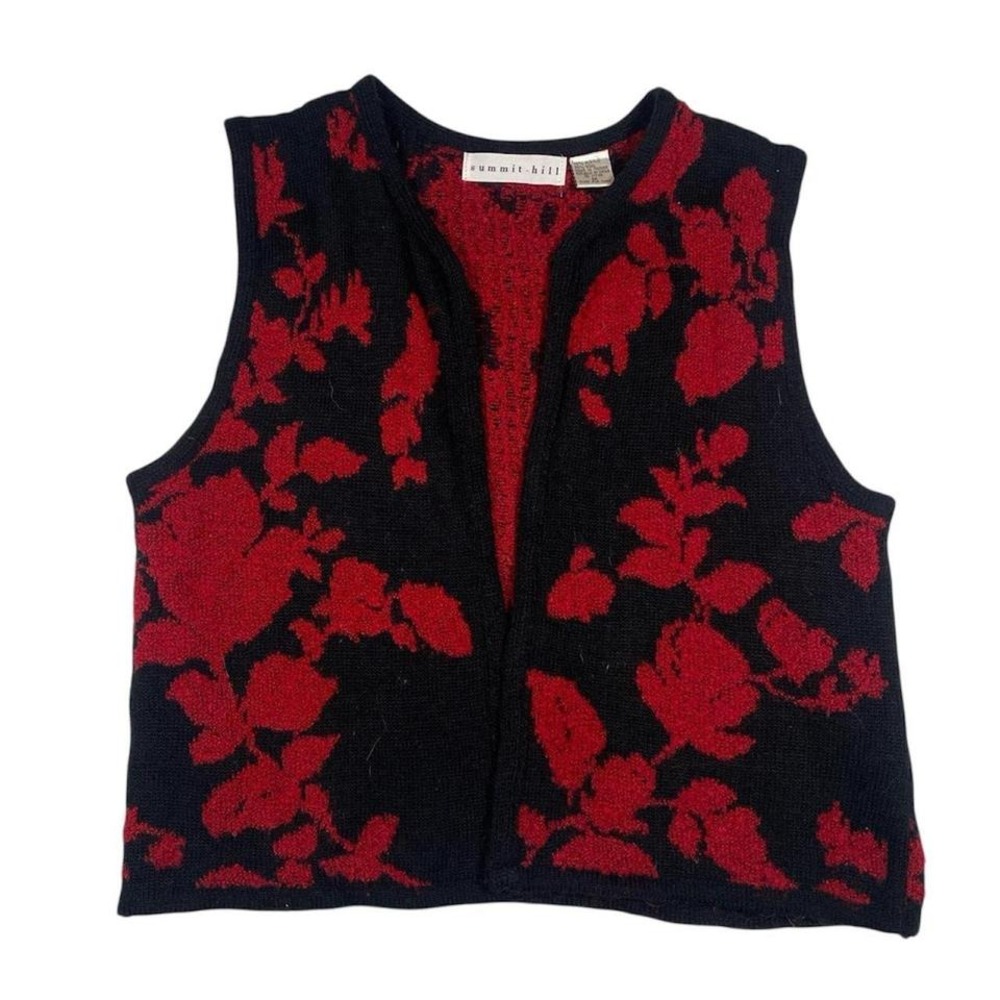 Summit Hill Womens Black Red Rose Floral‎ Knit Sweater Vest Wool Blend Size M